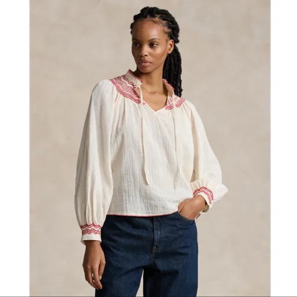 POLO RALPH LAUREN

Tie-Neck Cotton-Linen Gauze Blouse